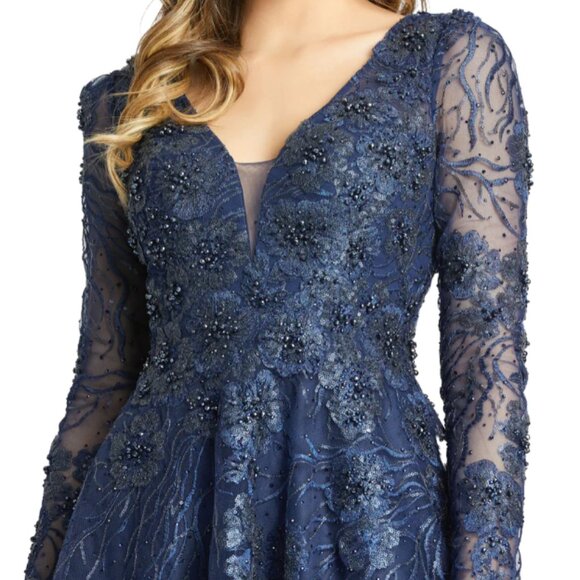 MAC DUGGAL 20286 EMBELLISHED PLUNGE NECK ILLUSIONS LONG SLEEVE MIDNIGHT DRESS 12 - Picture 4 of 5